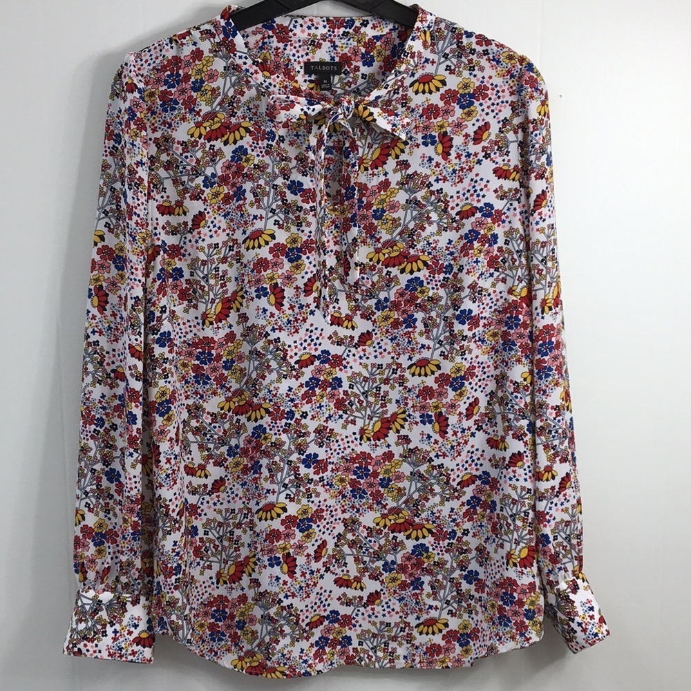 Talbots Cheerful Multi-Color Floral Tie Neck Blouse Size M EXCELLENT Condition